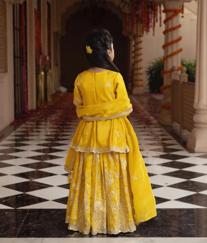 Manufactured by FAYON KIDS (Noida, U.P) Yellow Embroidered Kurti Lehenga Set