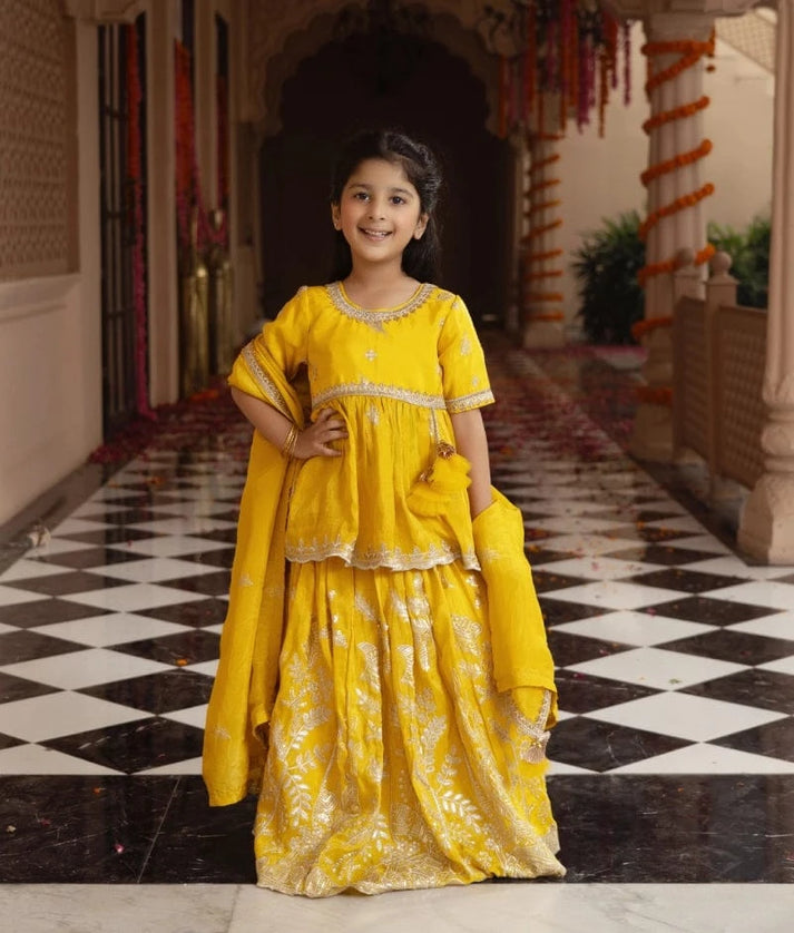 Manufactured by FAYON KIDS (Noida, U.P) Yellow Embroidered Kurti Lehenga Set