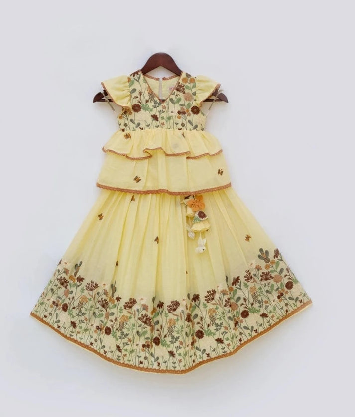 Manufactured by FAYON KIDS (Noida, U.P) Yellow Embroidered Kurti & Lehenga Set