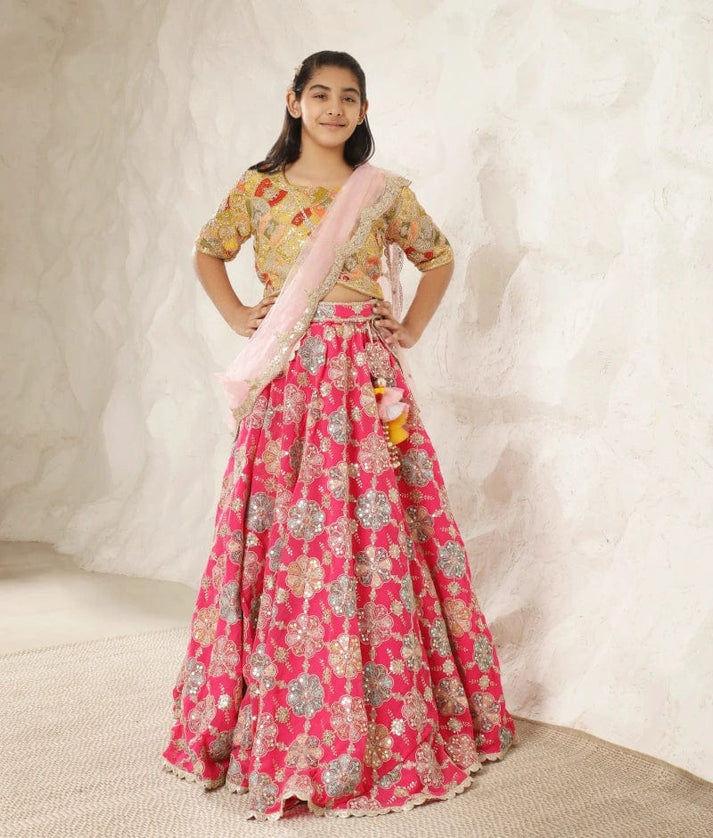 Manufactured by FAYON KIDS (Noida, U.P) Yellow Embroidery Choli Lehenga