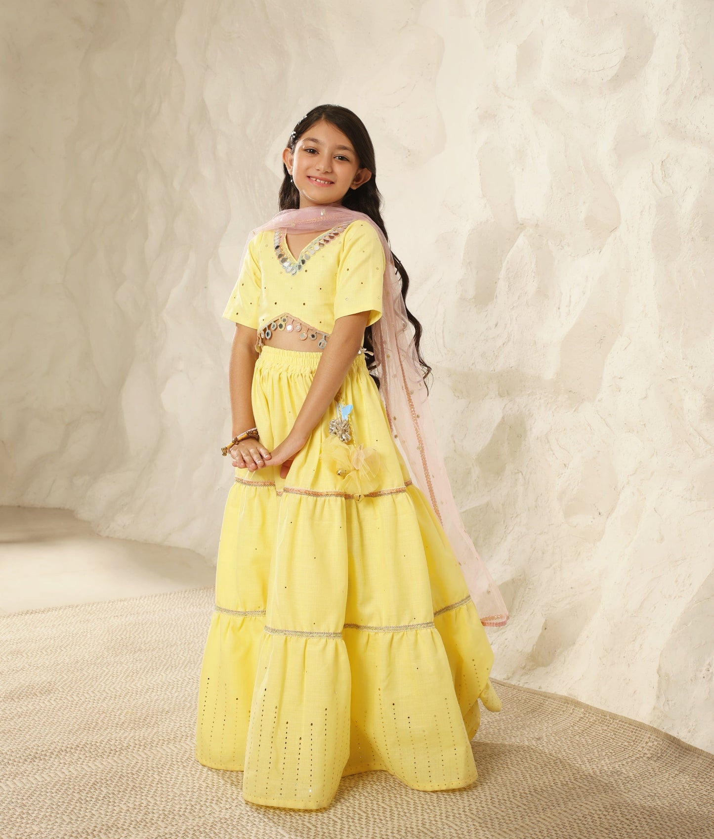 Yellow Faux Mukaish work Top and Skirt