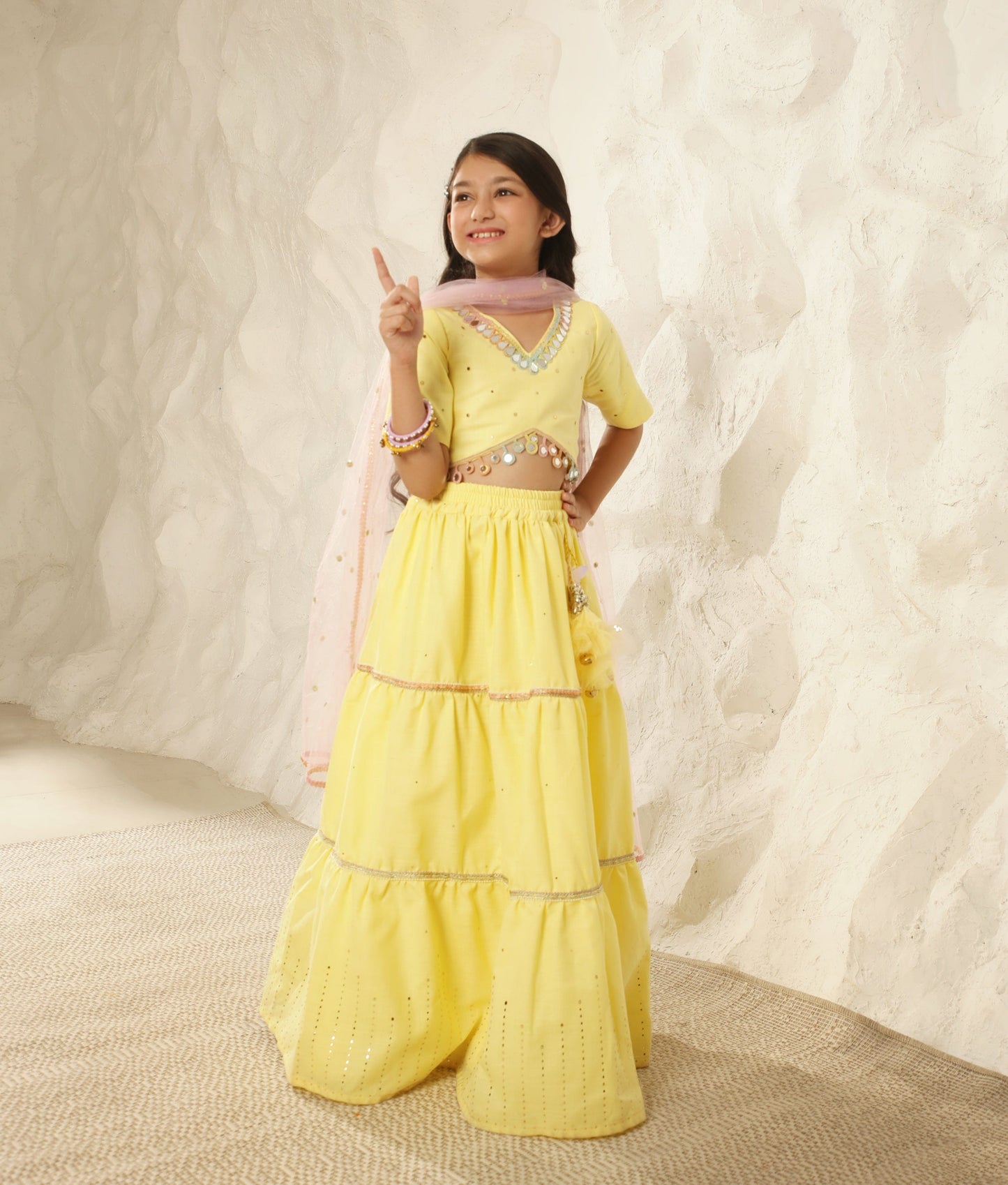 Yellow Faux Mukaish work Top and Skirt