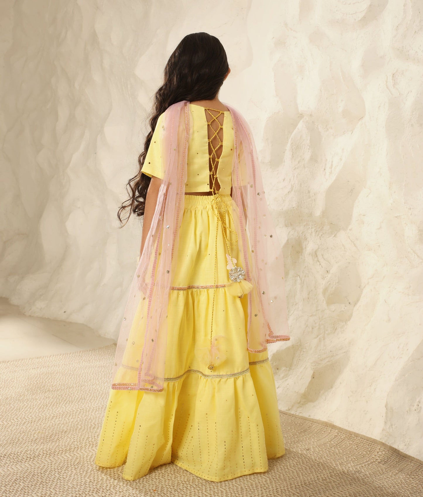 Yellow Faux Mukaish work Top and Skirt