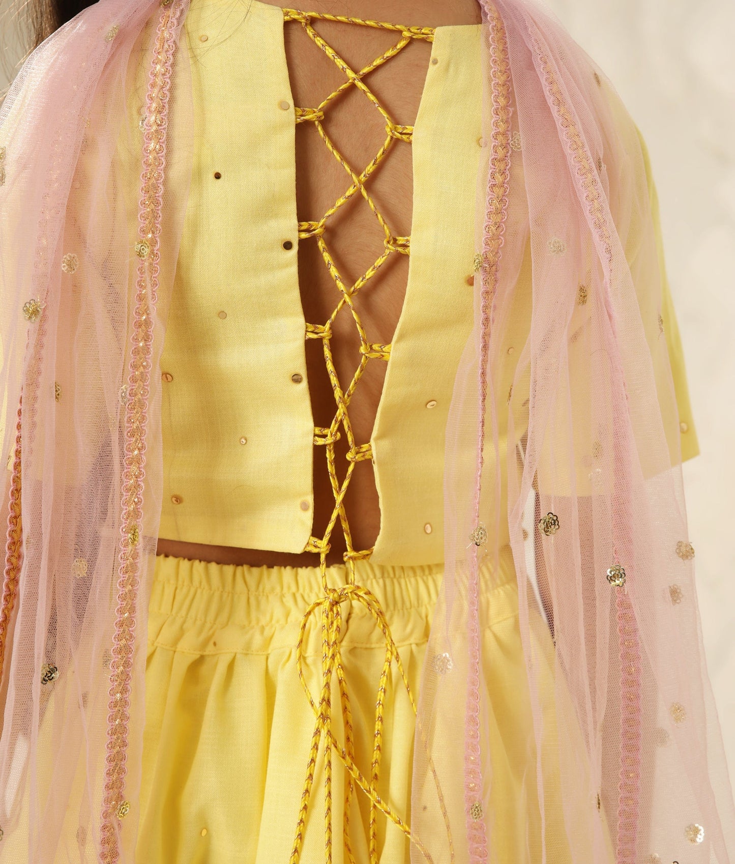 Yellow Faux Mukaish work Top and Skirt
