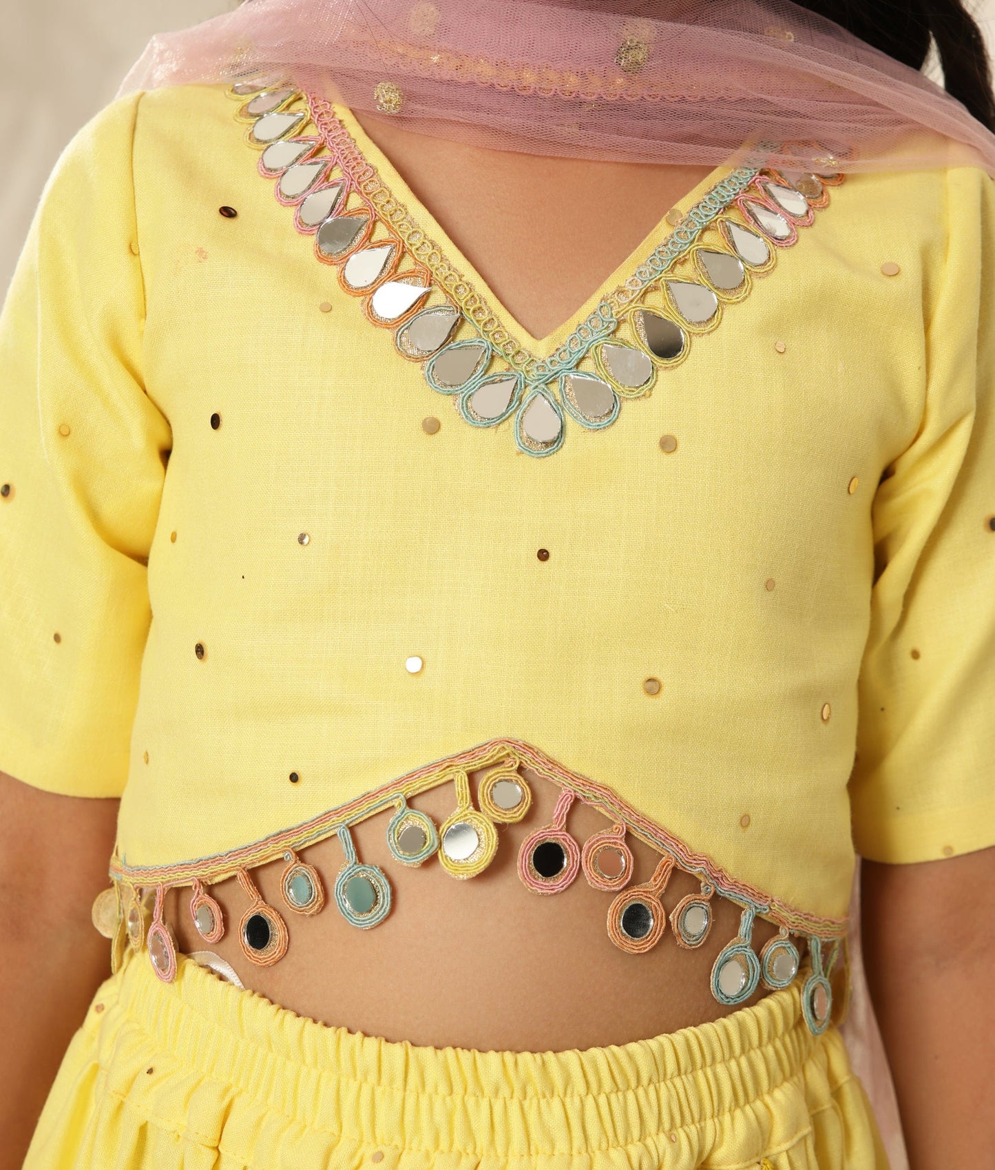 Yellow Faux Mukaish work Top and Skirt