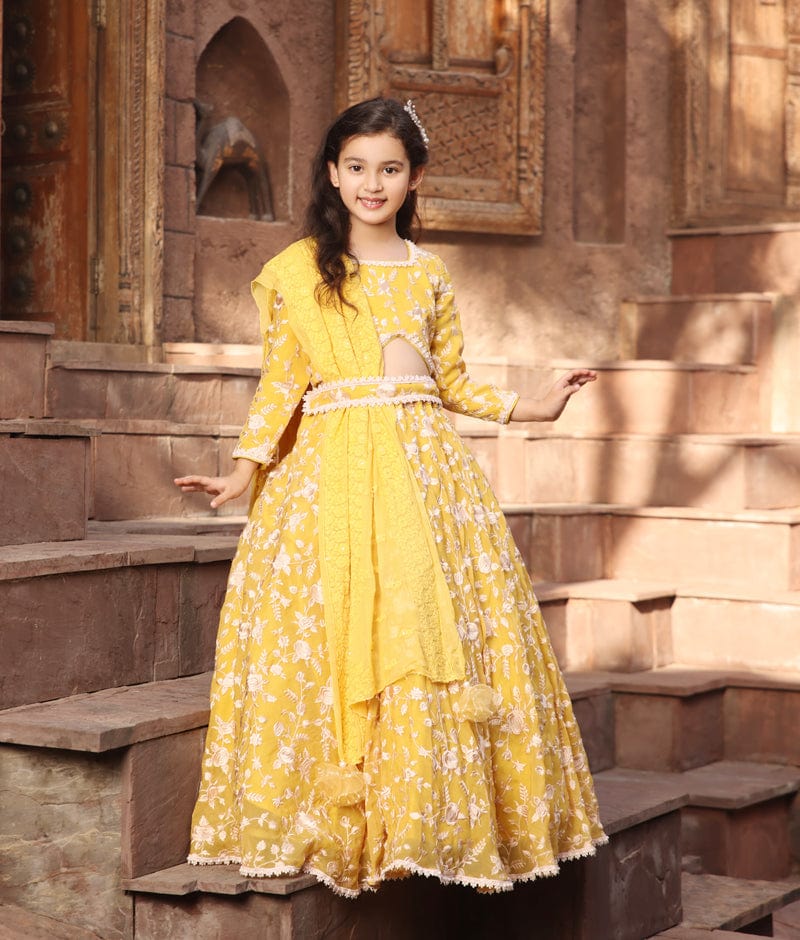 Manufactured by FAYON KIDS (Noida, U.P) Yellow Parsi work Lehenga Choli for Girls