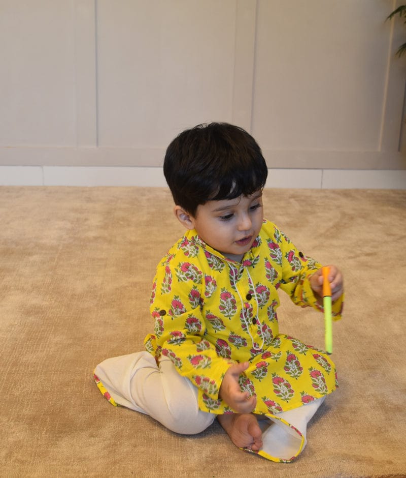 Yellow Printed Kurta Dhoti Set