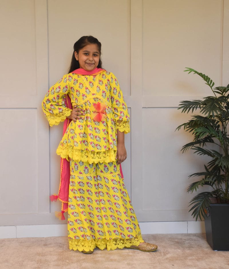 Manufactured by FAYON KIDS (Noida, U.P) Yellow Printed Kurti Sharara