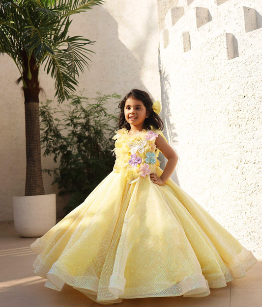 Manufactured by FAYON KIDS (Noida, U.P) Yellow Sequence Gown for Girls