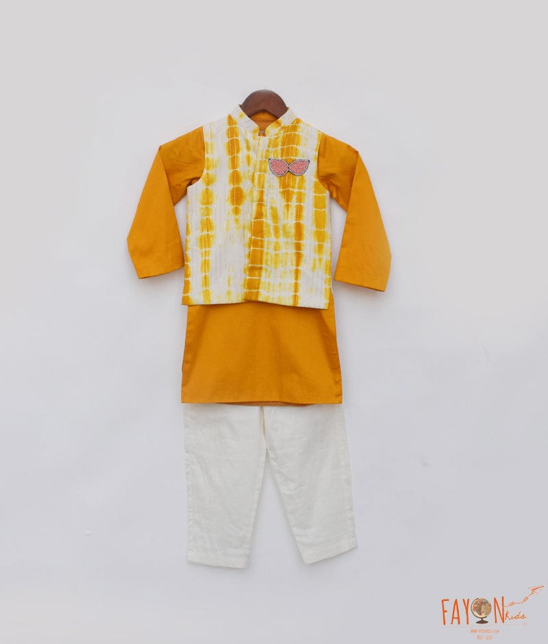 Manufactured by FAYON KIDS (Noida, U.P) Yellow Tie and Dye Nehru Jacket with Kurta and Pant for Boys