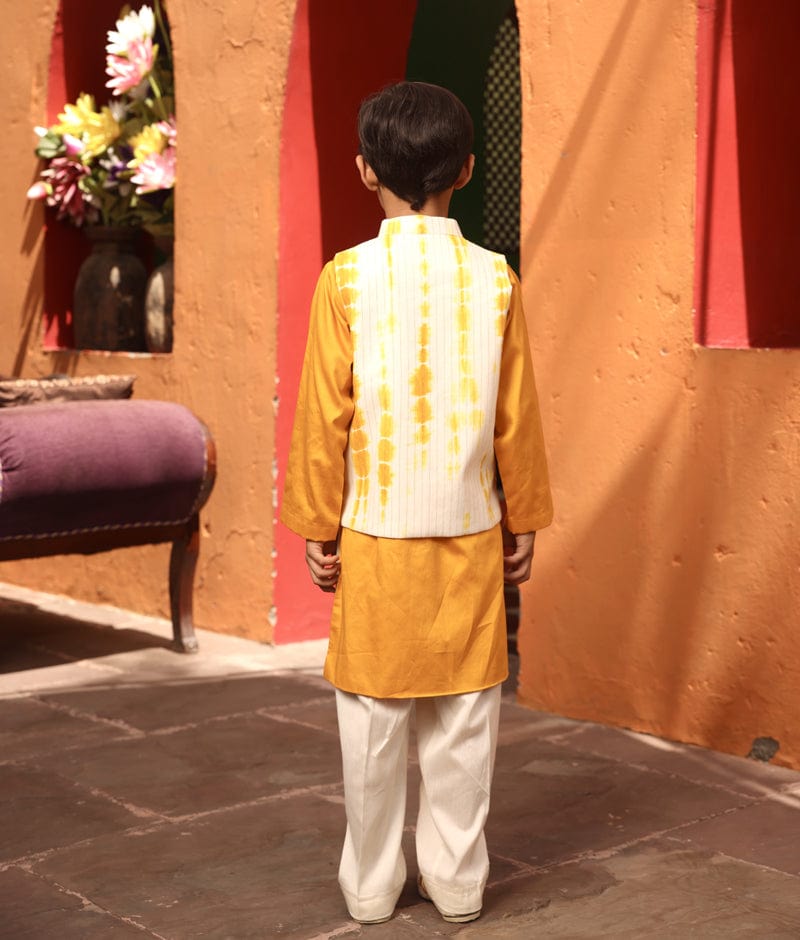 Manufactured by FAYON KIDS (Noida, U.P) Yellow Tie and Dye Nehru Jacket with Kurta and Pant for Boys