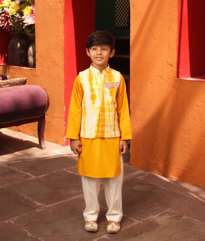 Manufactured by FAYON KIDS (Noida, U.P) Yellow Tie and Dye Nehru Jacket with Kurta and Pant for Boys