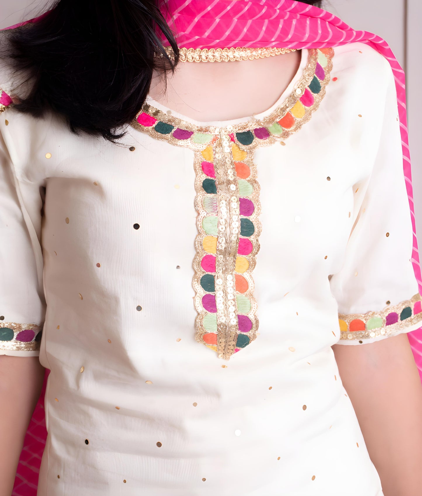 Manufactured by FayonKids Offwhite Faux Mukaish Work Kurti with Pant