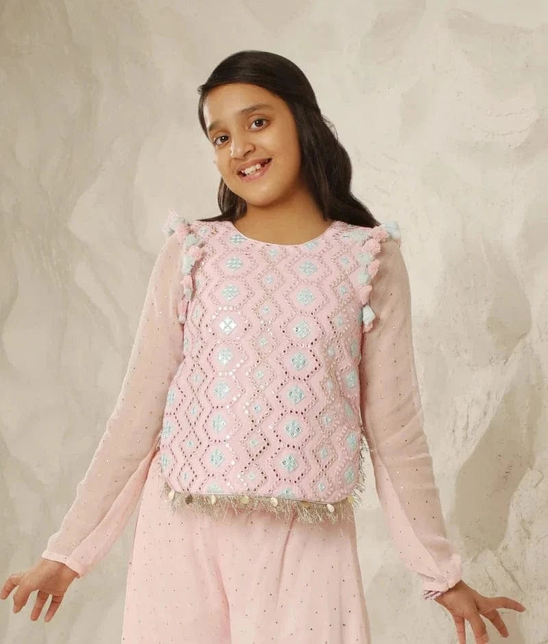 Pret Sparkling Grace: Baby Pink Mirror-Embroidered Set