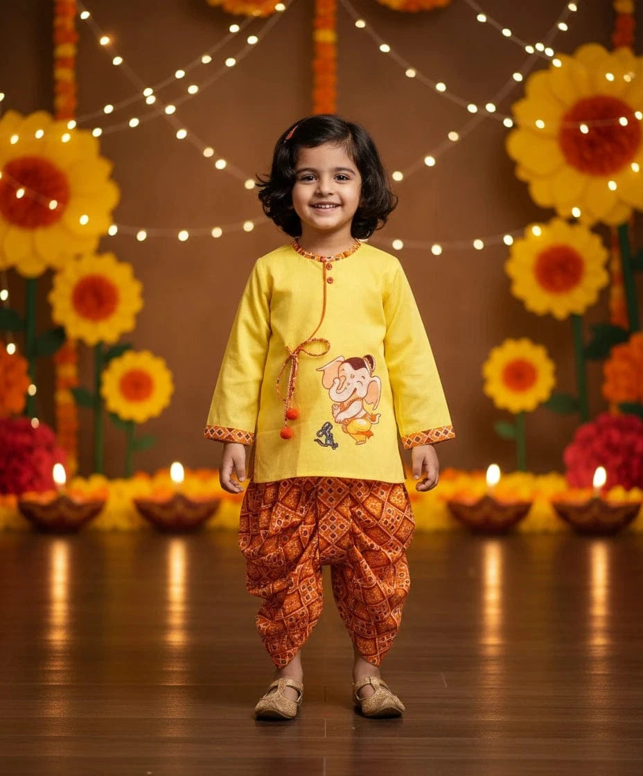 Pret Yellow Kurta with Printed Dhoti for Boys