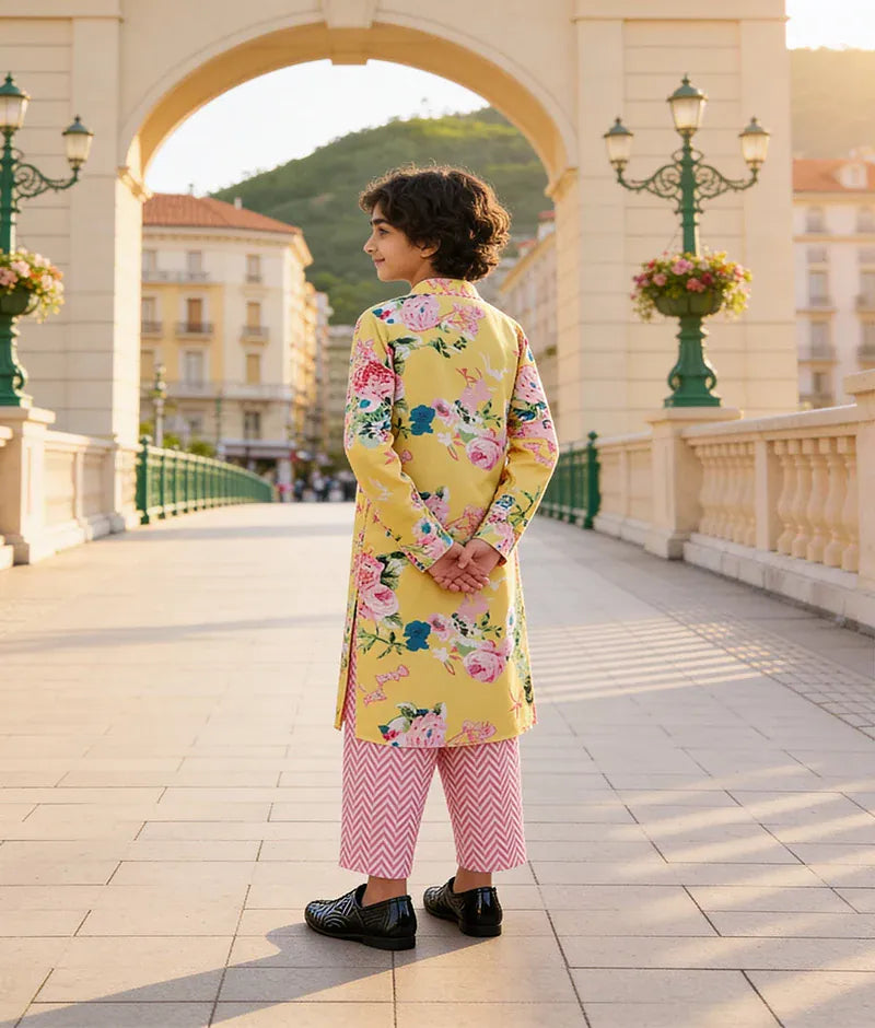 Pret Yellow Printed Kurta with Stripe Pant