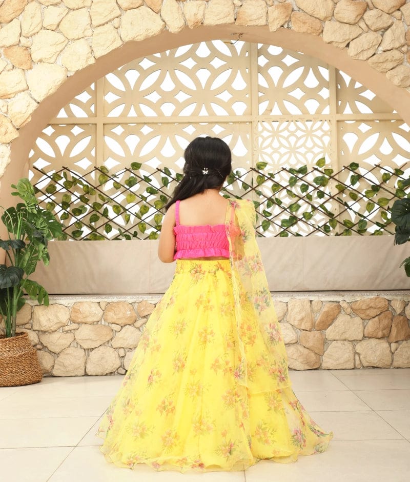 Pret Yellow Tassel Choli with Printed Lehenga for Girls