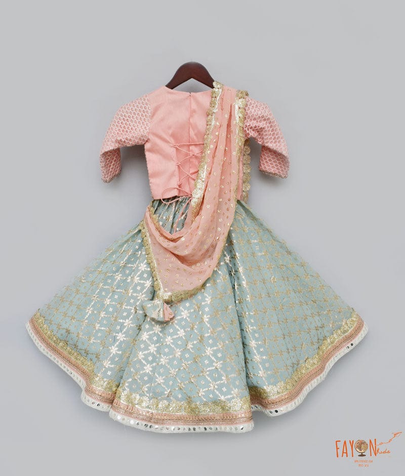 Peach Embroidery Pastel Blue Chanderi Lehenga with Choli Chinnon Dupatta for Girls