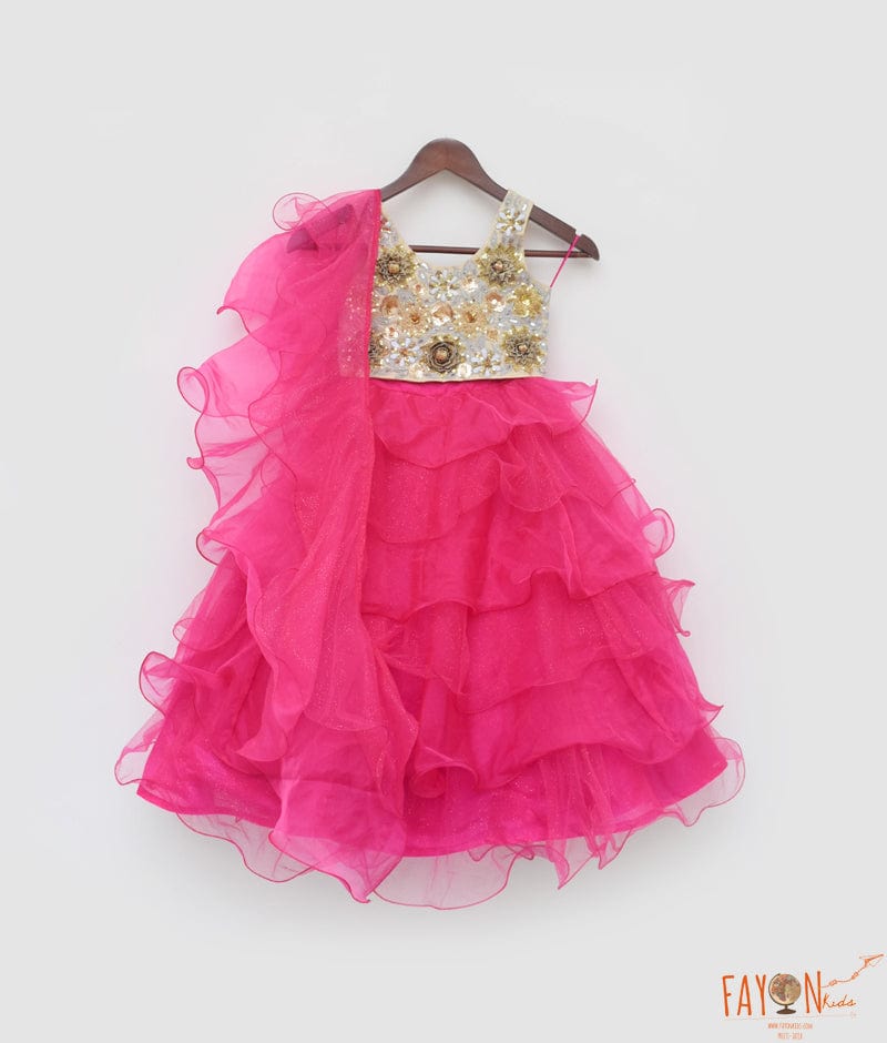 Fayon Kids 3D Flowers Choli and Pink Organza Layers Lehenga for Girls