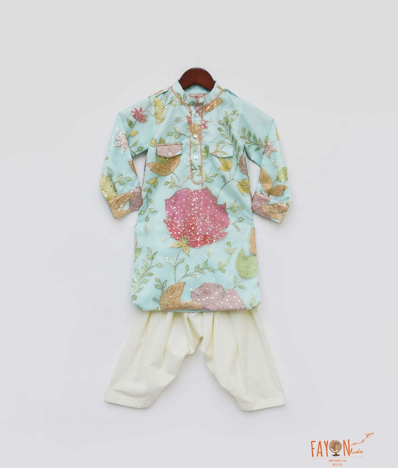Aqua Embroidery Kurta with Off White Salwar for Boys