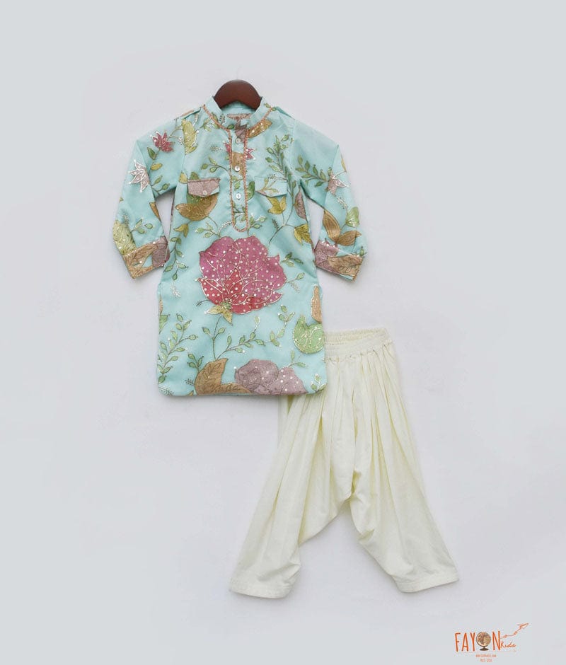 Aqua Embroidery Kurta with Off White Salwar for Boys