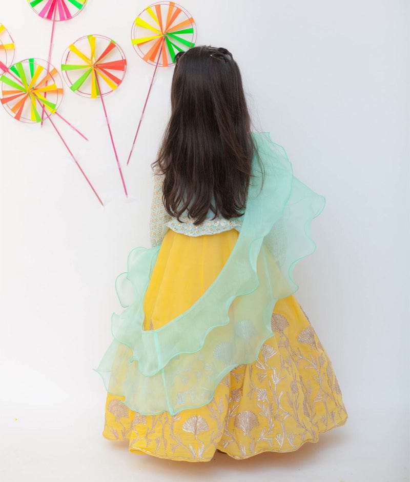 Aqua Embroidery Yellow Gota Lehenga with Peplum Choli Organza Dupatta for Girls