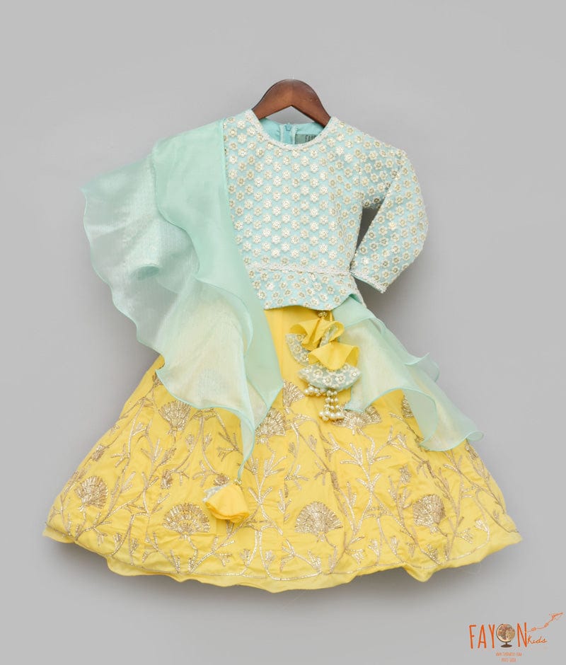 Aqua Embroidery Yellow Gota Lehenga with Peplum Choli Organza Dupatta for Girls