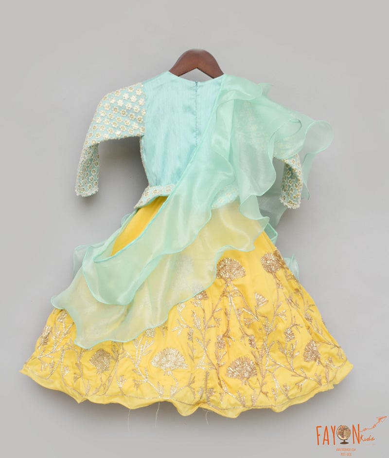 Aqua Embroidery Yellow Gota Lehenga with Peplum Choli Organza Dupatta for Girls
