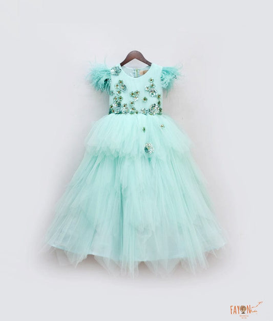 Aqua Green Net Gown for Girls