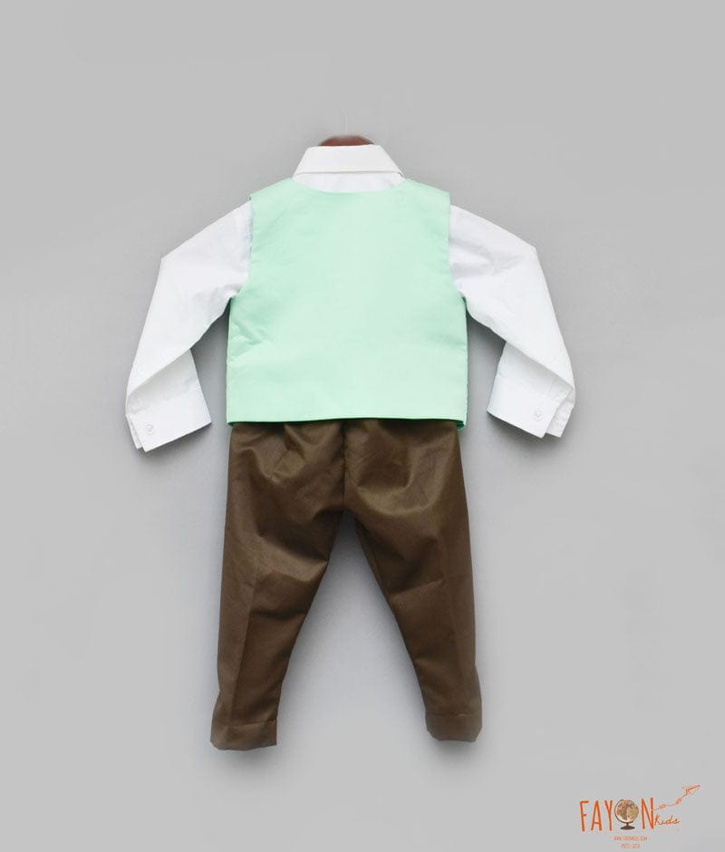 Aqua Green Waist Coat with White Shirt Brown Pant for Boys