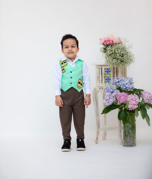 Aqua Green Waist Coat with White Shirt Brown Pant for Boys