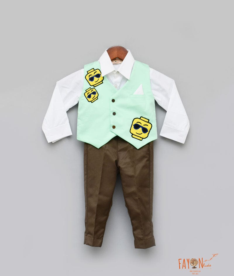 Aqua Green Waist Coat with White Shirt Brown Pant for Boys