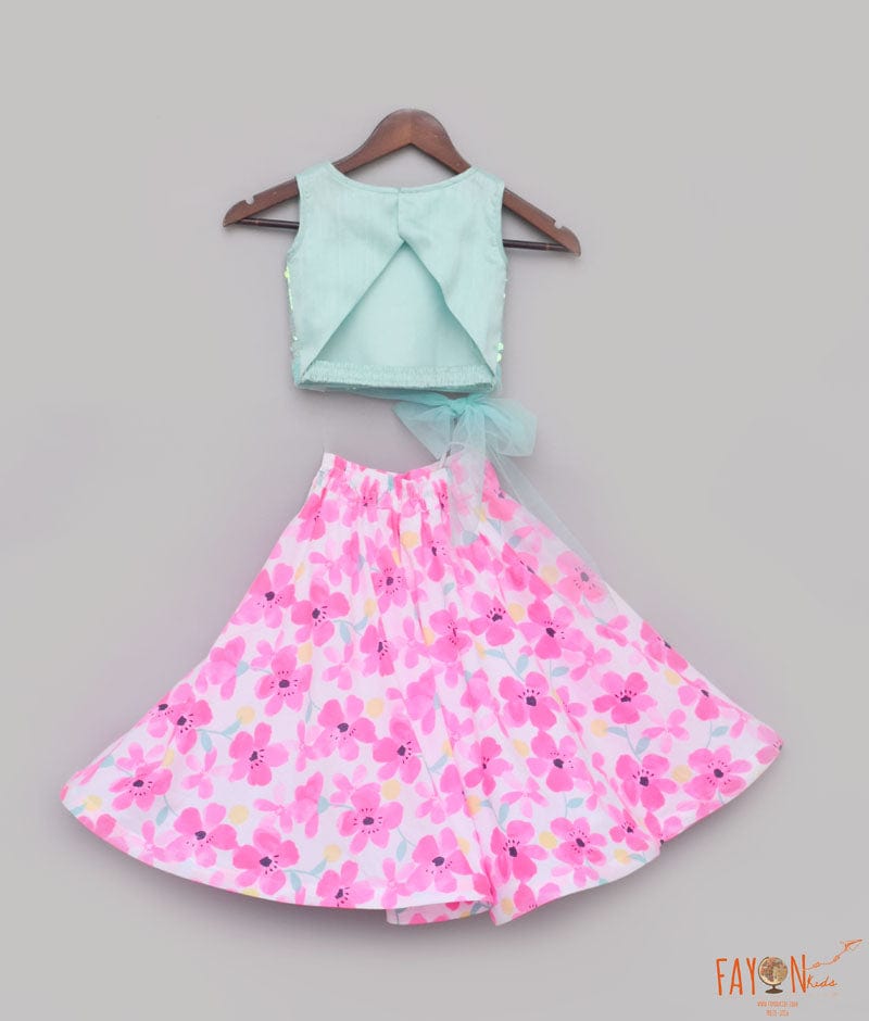 Aqua Soft Sequin White Printed Crop Top with Skirt for Girls