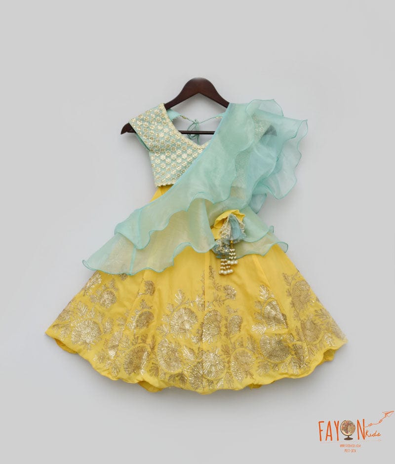 Aqua Thread Embroidered Yellow Gota Lehenga with Choli Organza Dupatta for Girls
