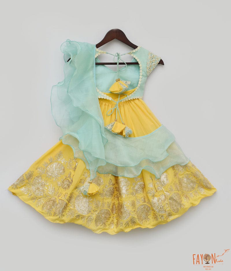 Aqua Thread Embroidered Yellow Gota Lehenga with Choli Organza Dupatta for Girls