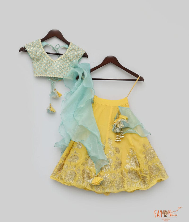 Aqua Thread Embroidered Yellow Gota Lehenga with Choli Organza Dupatta for Girls