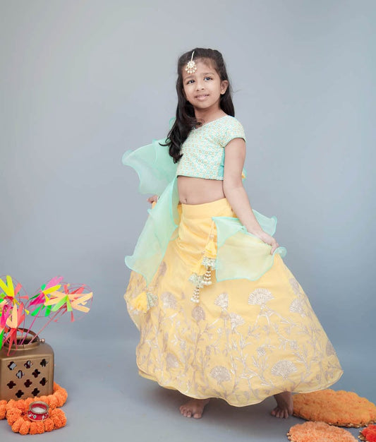 Aqua Thread Embroidered Yellow Gota Lehenga with Choli Organza Dupatta for Girls
