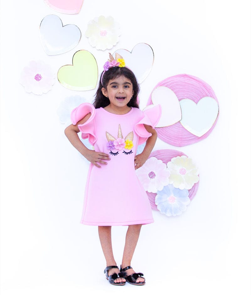 Black Lycra High Low Dress with Flowers for Girls
