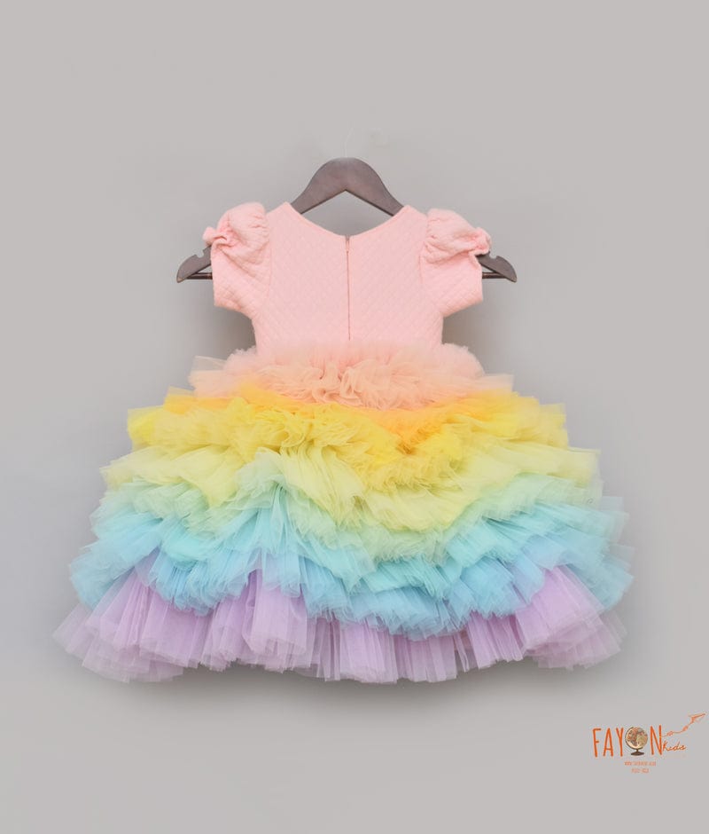 Baby Pink Quilted Lycra Gown with Multi Colours Net Frills for Girls