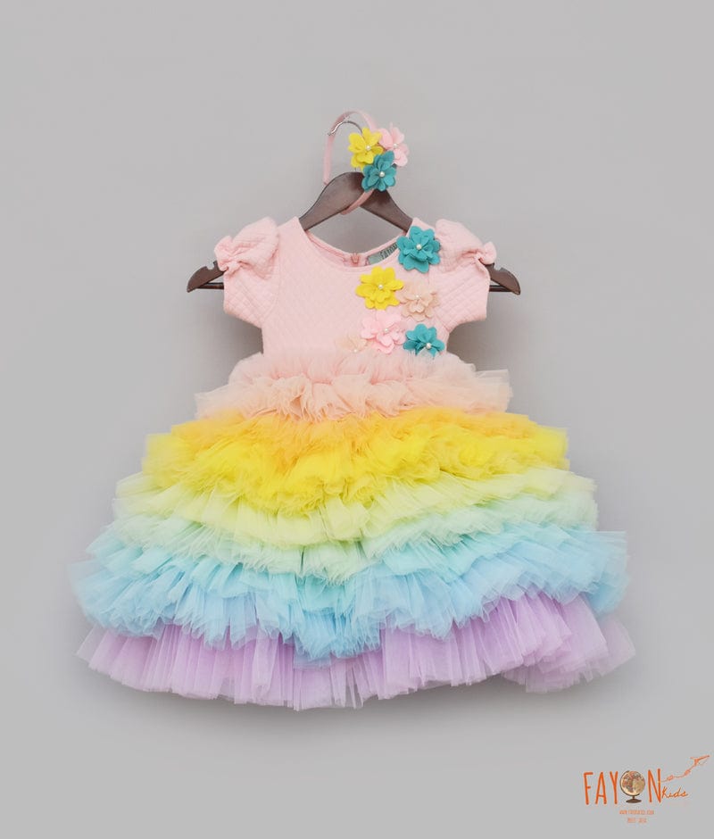 Baby Pink Quilted Lycra Gown with Multi Colours Net Frills for Girls