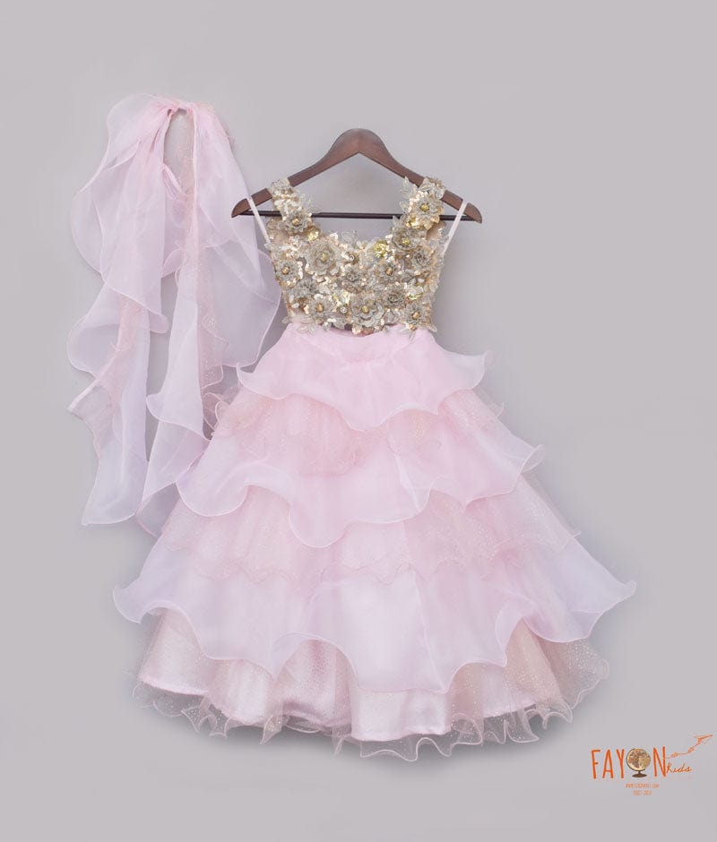 Beige Pink Organza Lehenga with 3D Flowers Choli Organza Dupatta for Girls