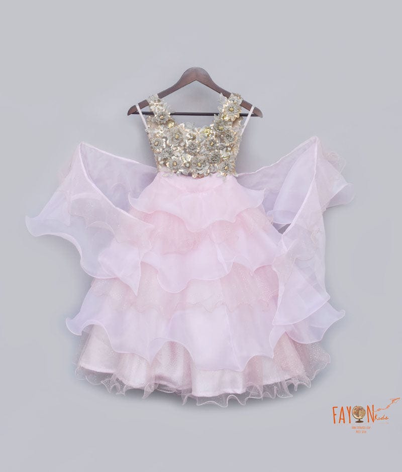 Beige Pink Organza Lehenga with 3D Flowers Choli Organza Dupatta for Girls