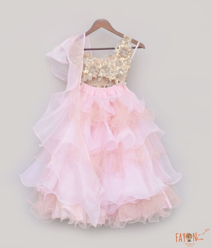 Beige Pink Organza Lehenga with 3D Flowers Choli Organza Dupatta for Girls