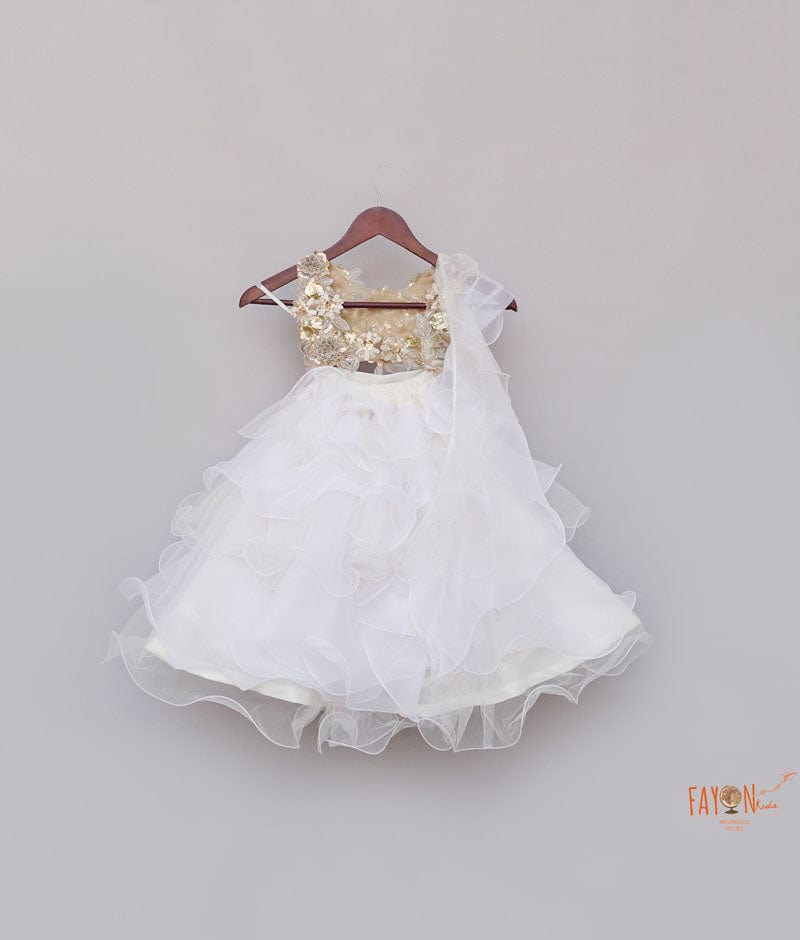 Beige White Organza Lehenga with 3D Flowers Choli Organza Dupatta for Girls