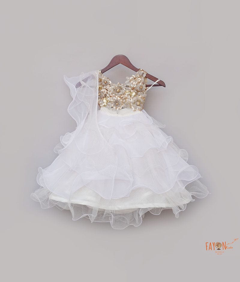 Beige White Organza Lehenga with 3D Flowers Choli Organza Dupatta for Girls