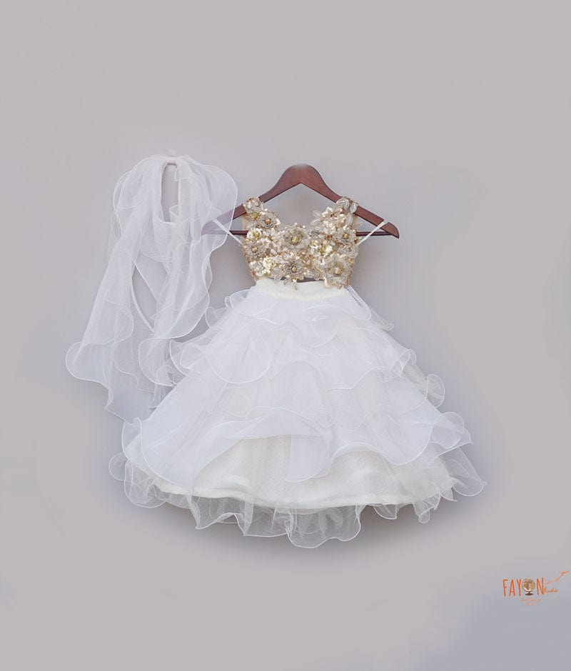 Beige White Organza Lehenga with 3D Flowers Choli Organza Dupatta for Girls