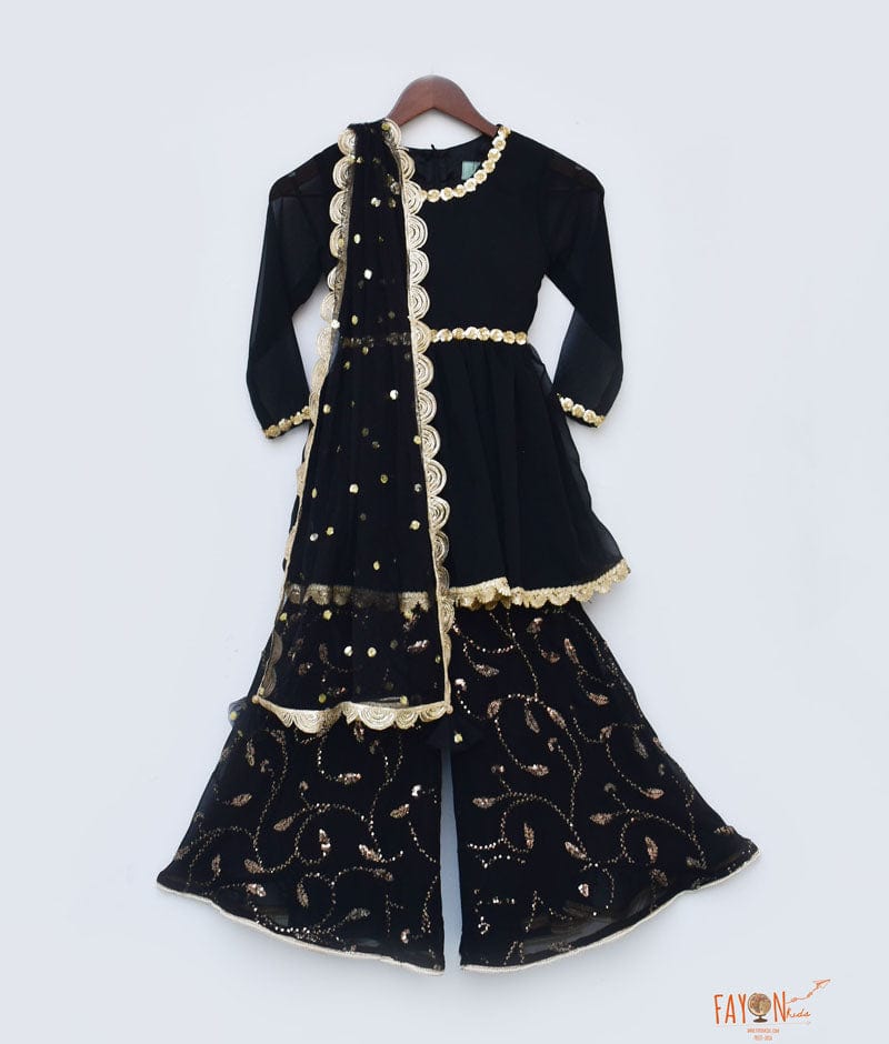 Black Georgette Black Sequins Sharara with Kurti Boti Net Dupatta for Girls