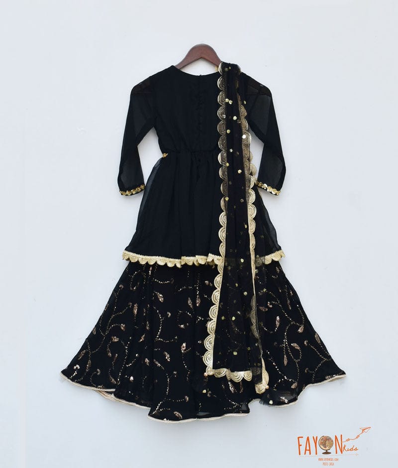 Black Georgette Black Sequins Sharara with Kurti Boti Net Dupatta for Girls