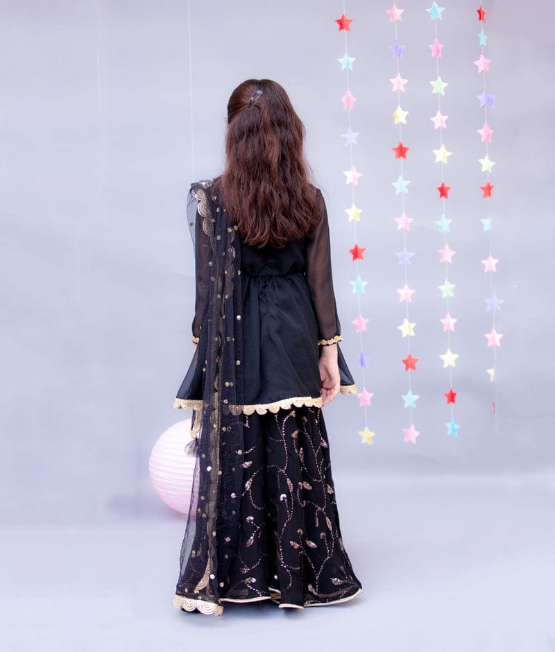 Black Georgette Black Sequins Sharara with Kurti Boti Net Dupatta for Girls