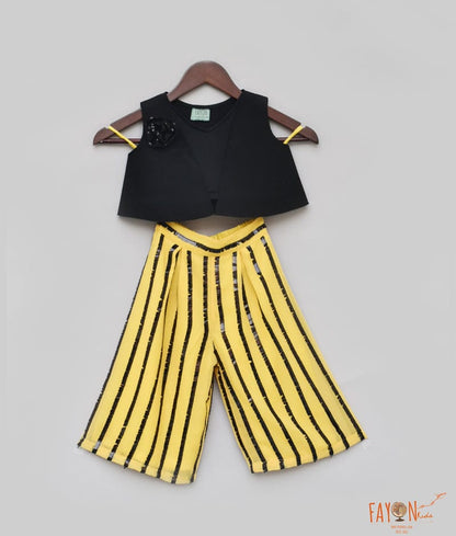 Fayon Kids Black Lycra with Top with Yellow Palazzo Pants for Girls